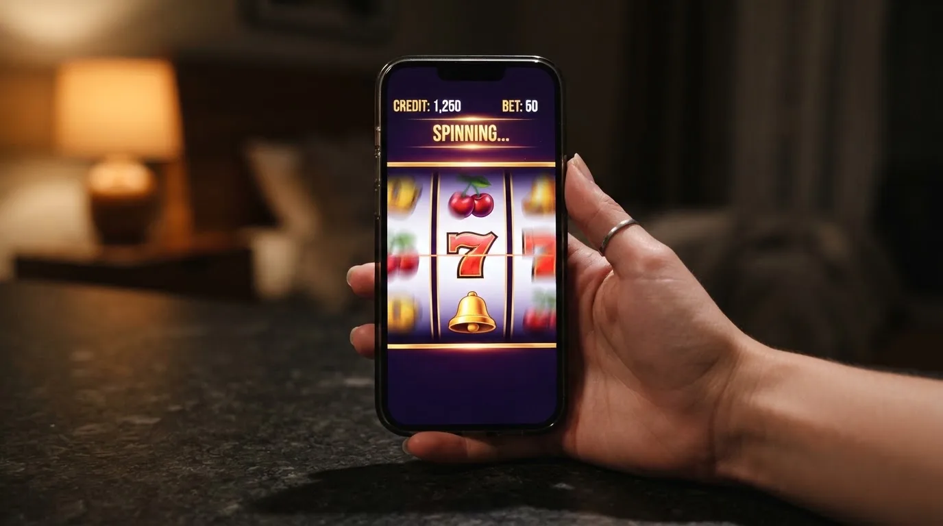 Displej mobilního telefonu s roztočeným výherním automatem v casino aplikaci