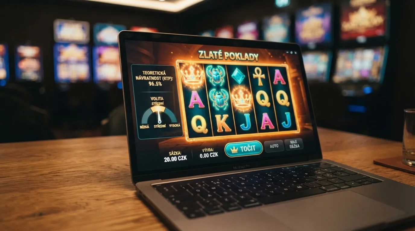 Rozhraní online automatu s viditelným ukazatelem RTP a volatility vedle válců — na pozadí rozmazané karty několika dalších her