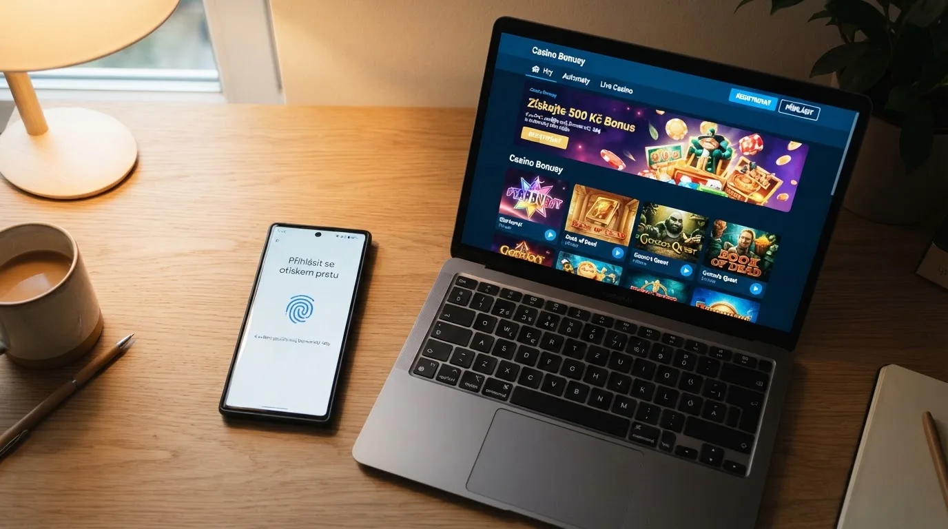 Mobilní telefon s obrazovkou přihlášení přes Bank iD a vedle něj notebook s otevřenou stránkou casina