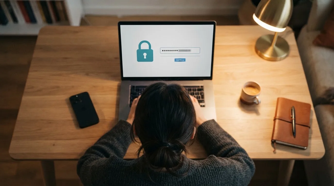 Postava hráče zezadu u obrazovky, před ním formulář KYC s částečně vyplněnými poli a symbolem zámku