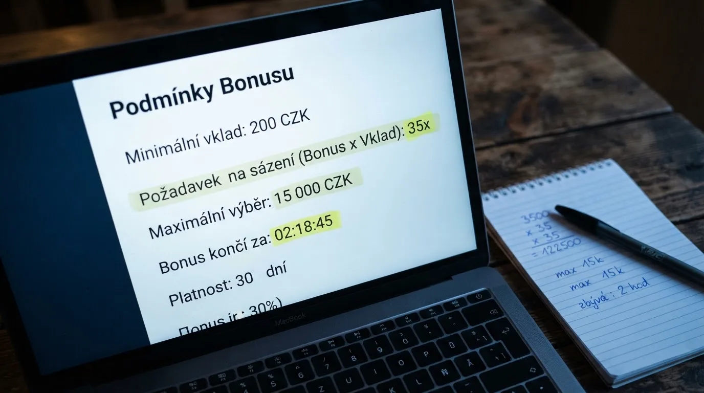 Detailní záběr na obrazovku s rozpiskou bonusových podmínek — zvýrazněné položky wagering, maximální výběr a platnost, vedle kalkulačka.