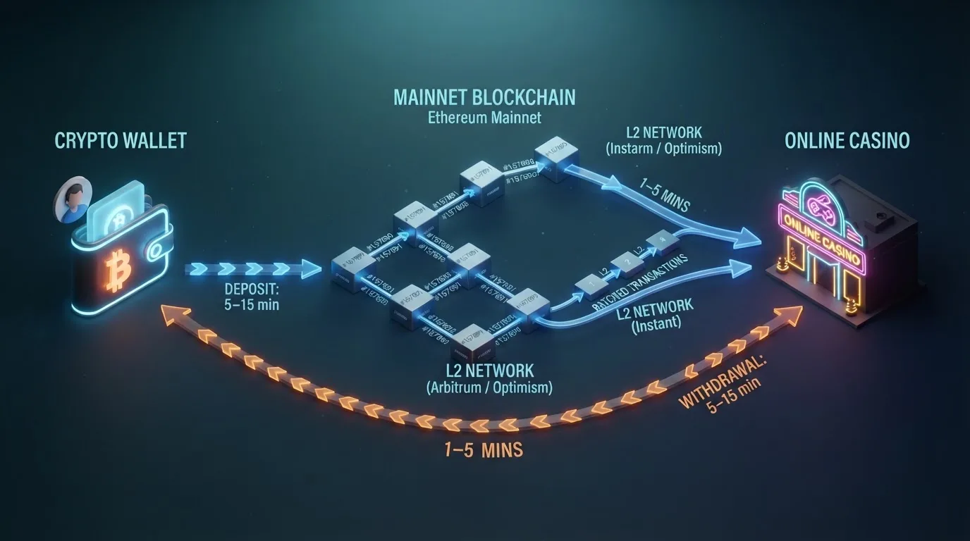 Schéma vkladu a výběru přes Ethereum: hráč, kasino, blockchain síť a kryptoměnová peněženka