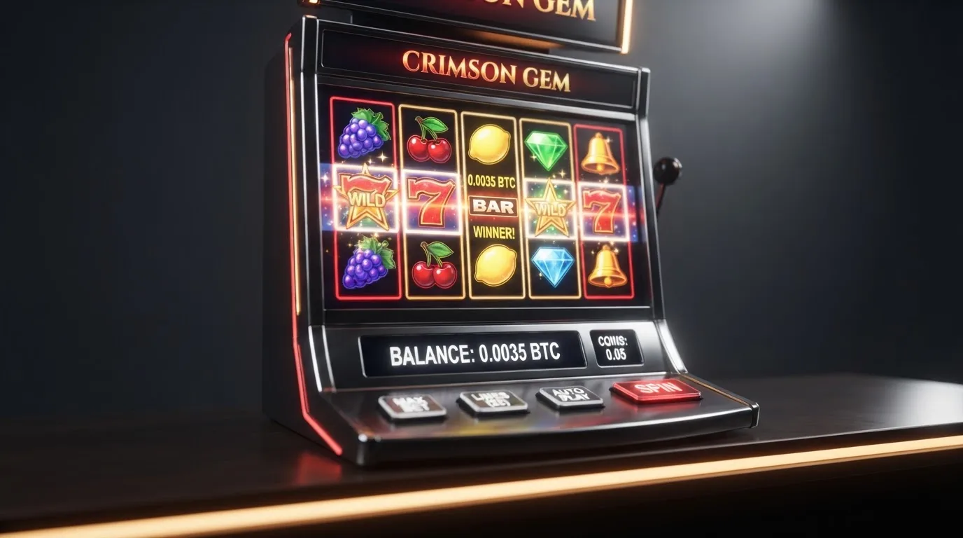 Barevné rozhraní online automatu s pěti válci, ovládacím panelem a ukazatelem zůstatku v bitcoinech