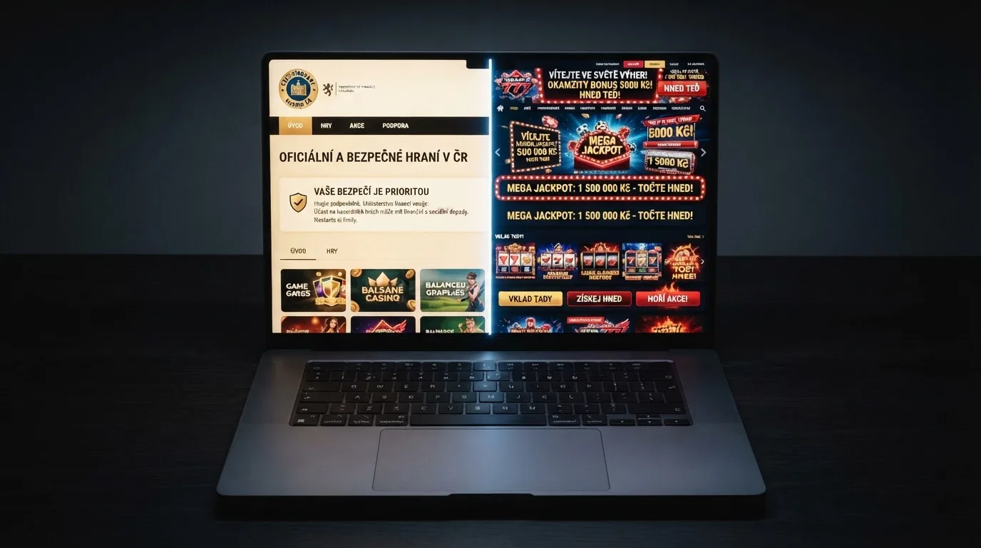 Rozdělená obrazovka — vlevo web s logem MF ČR a viditelnými varováními o zodpovědném hraní, vpravo podezřelý web bez označení, kontrastní osvětlení.