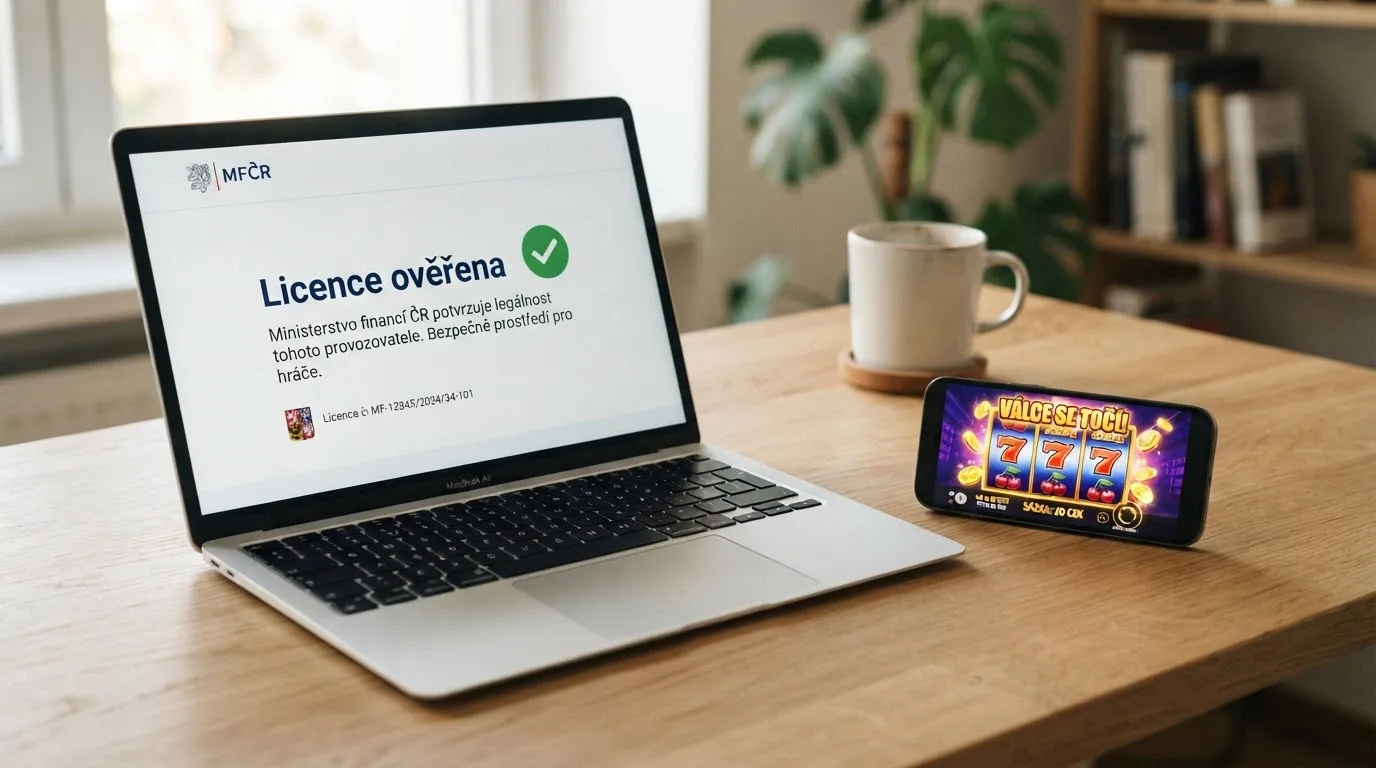 Pečeť nebo úřední dokument s logem Ministerstva financí ČR vedle displeje s online automatem, kontrast mezi modrou úřední barvou a herním rozhraním.