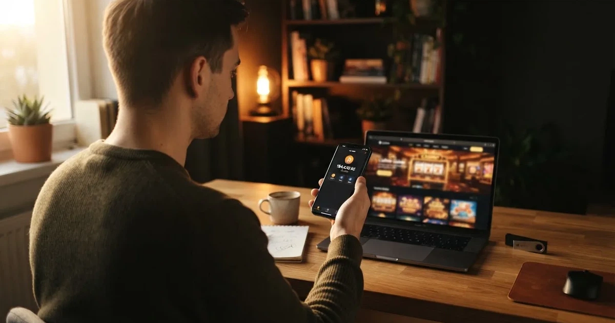 Hráč drží mobilní telefon s bitcoinovou peněženkou, na pozadí rozhraní online casina, vedle symbol bitcoinu