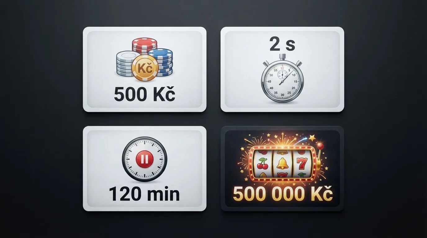 Přehled čtyř regulovaných parametrů — maximální sázka 500 Kč, minimální spin 2 s, 120min limit relace, maximální výhra 500 000 Kč — každý jako samostatný piktogram