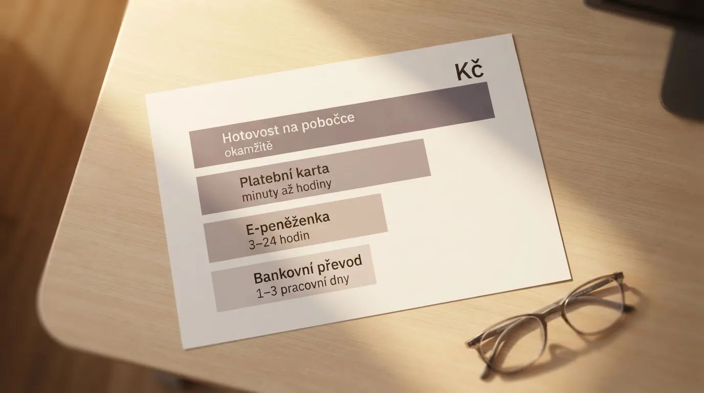 Infografika srovnávající čtyři hlavní platební metody podle času výplaty: hotovost, karta, e-peněženka a bankovní převod