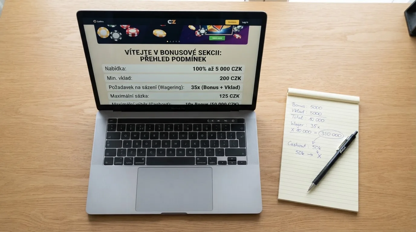 Detailní pohled na podmínky bonusu na obrazovce notebooku, vedle kalkulačka a tužka s poznámkami o protočení a max výběru