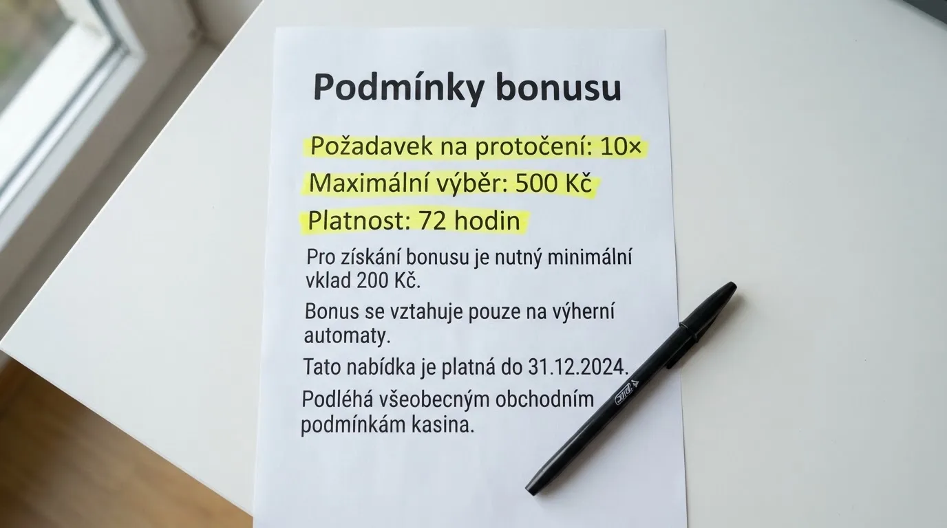 Detail bonusových podmínek — dokument s požadavkem na protočení, maximálním výběrem a datem expirace