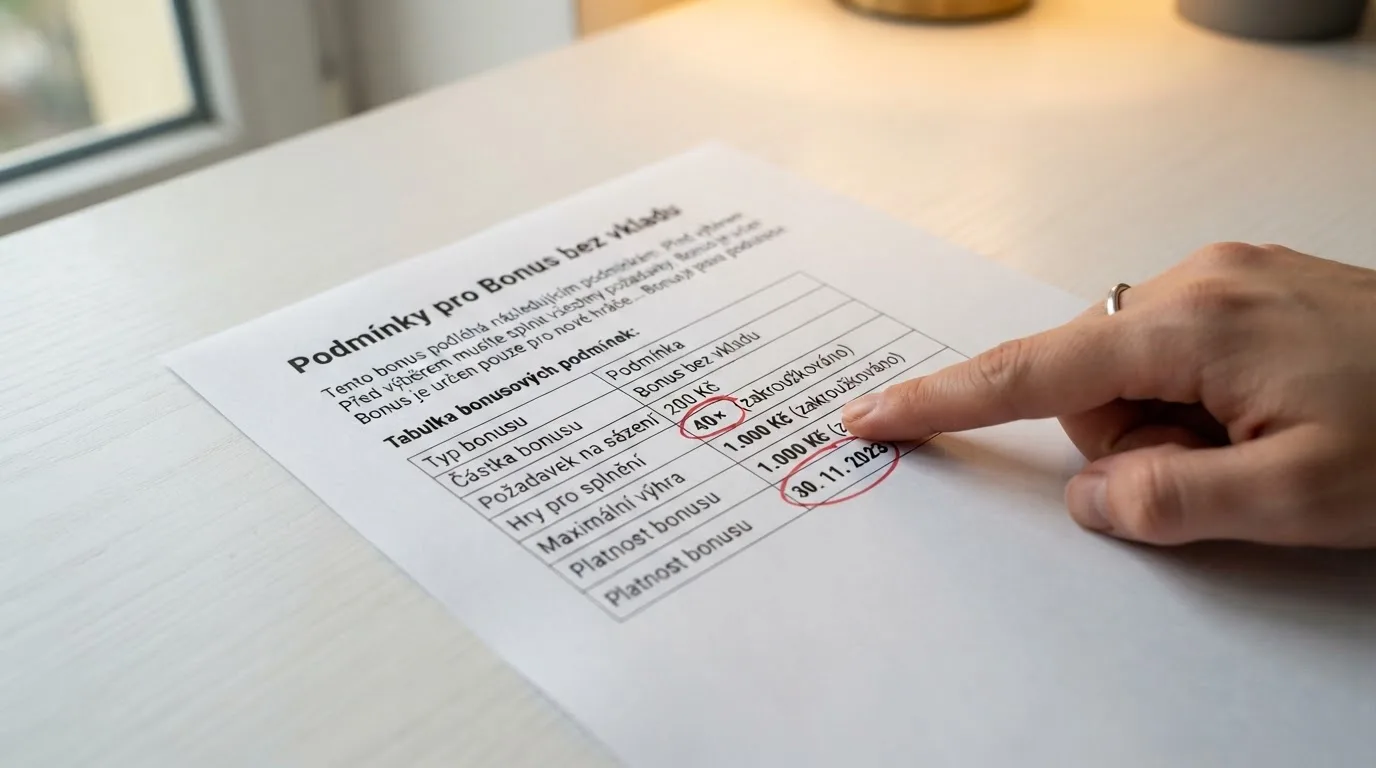 Detail podmínek bonusu bez vkladu — výše wageringu, win cap a datum platnosti zvýrazněné v podmínkách