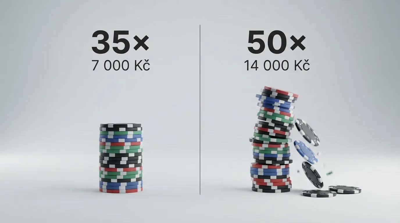 Infografika srovnávající dvě cesty — 100% bonus s protočením 35× z bonusu a 500% bonus s protočením 50× z vkladu+bonusu, s výslednou očekávanou ztrátou u každé z nich