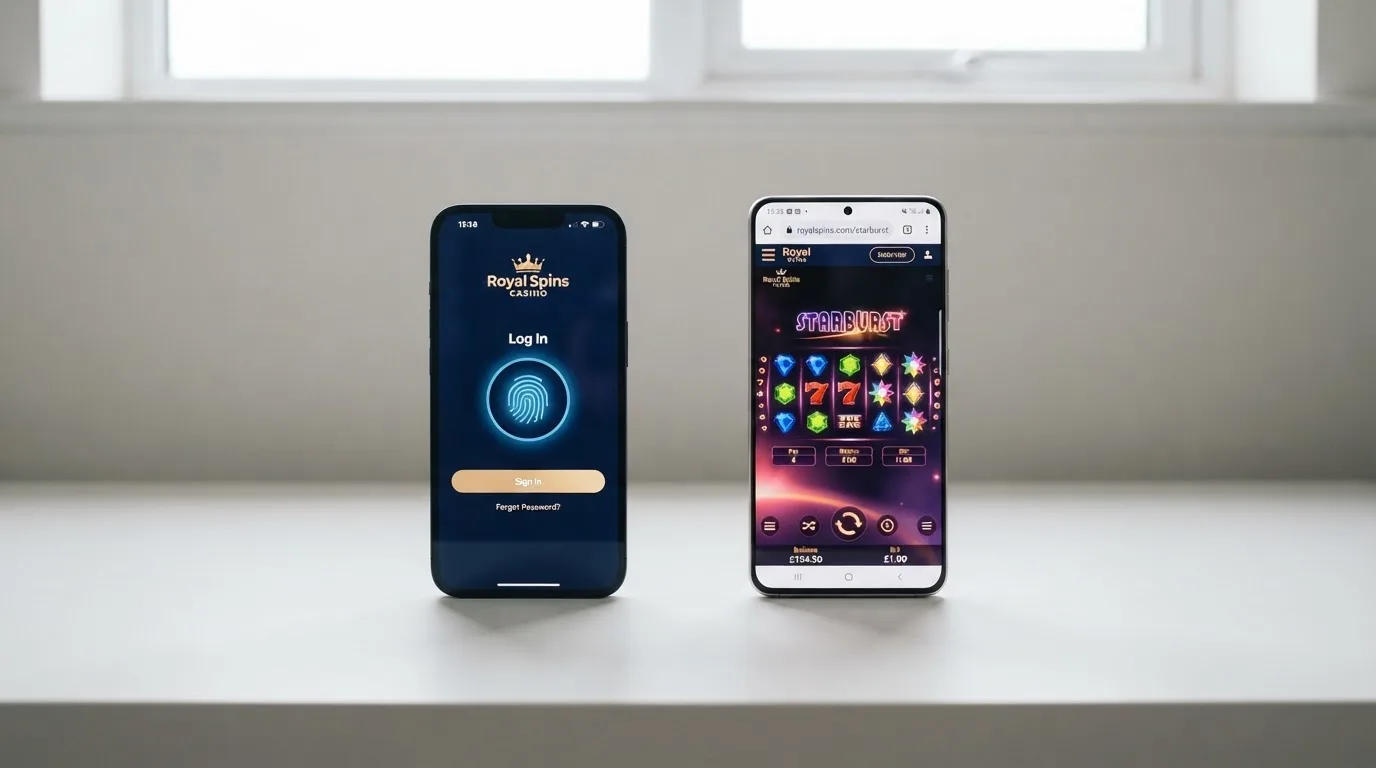 Displeje dvou mobilních telefonů vedle sebe — na jednom nativní casino aplikace s biometrickým přihlášením, na druhém mobilní prohlížeč se stejnou hrou