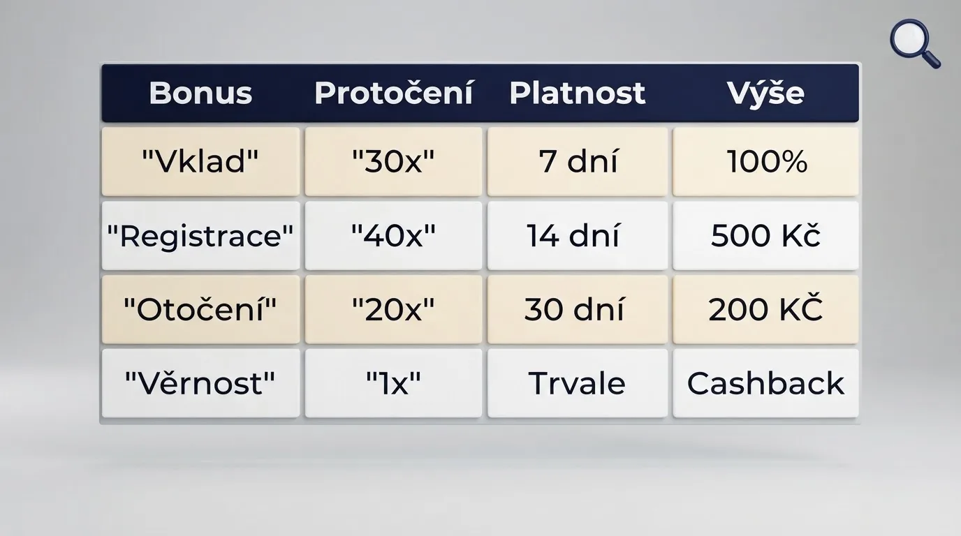 Srovnávací tabulka online casin zvýrazňující sloupce s výší bonusu, protočením a platností