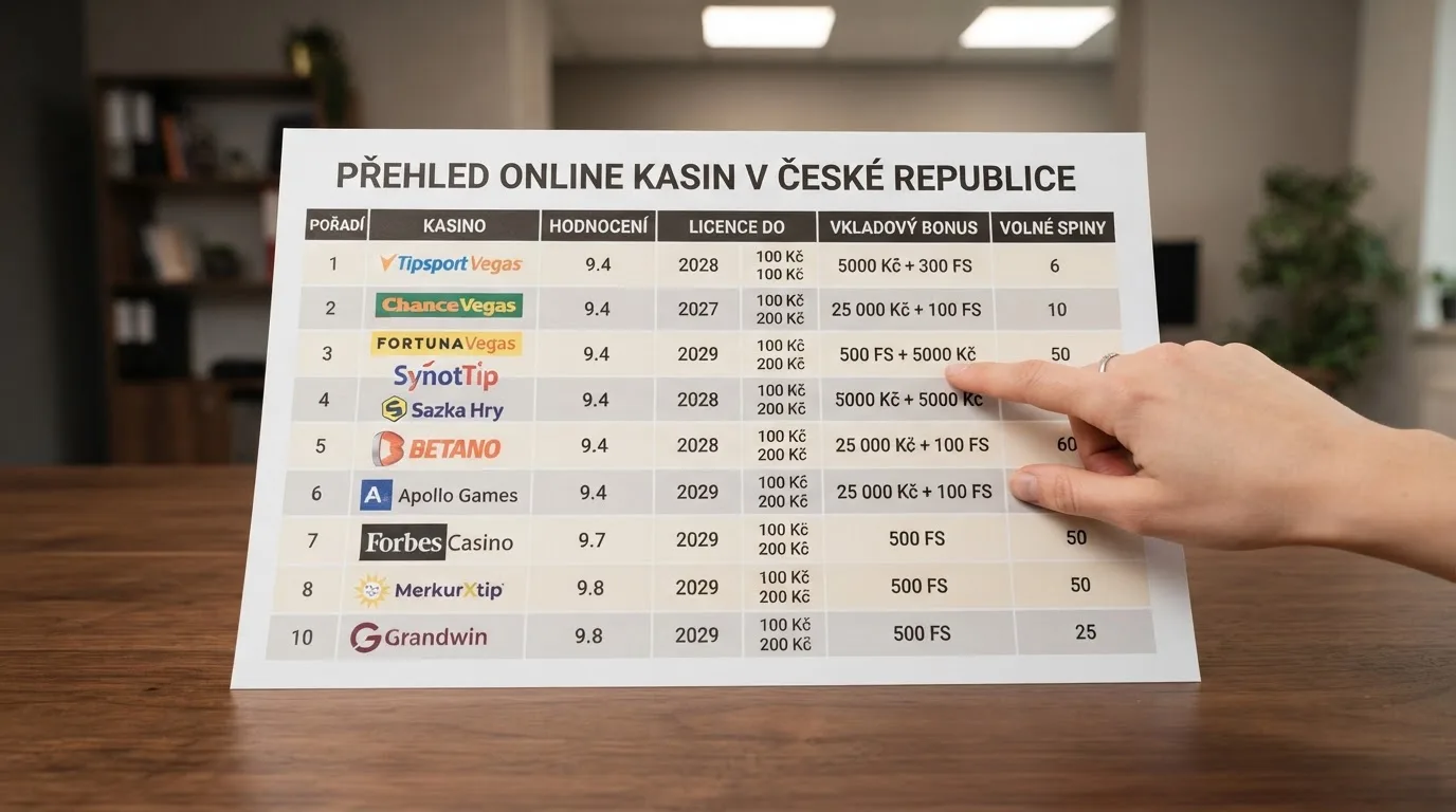 Srovnávací tabulka deseti nových českých online casin s důrazem na datum licence a typ povolení