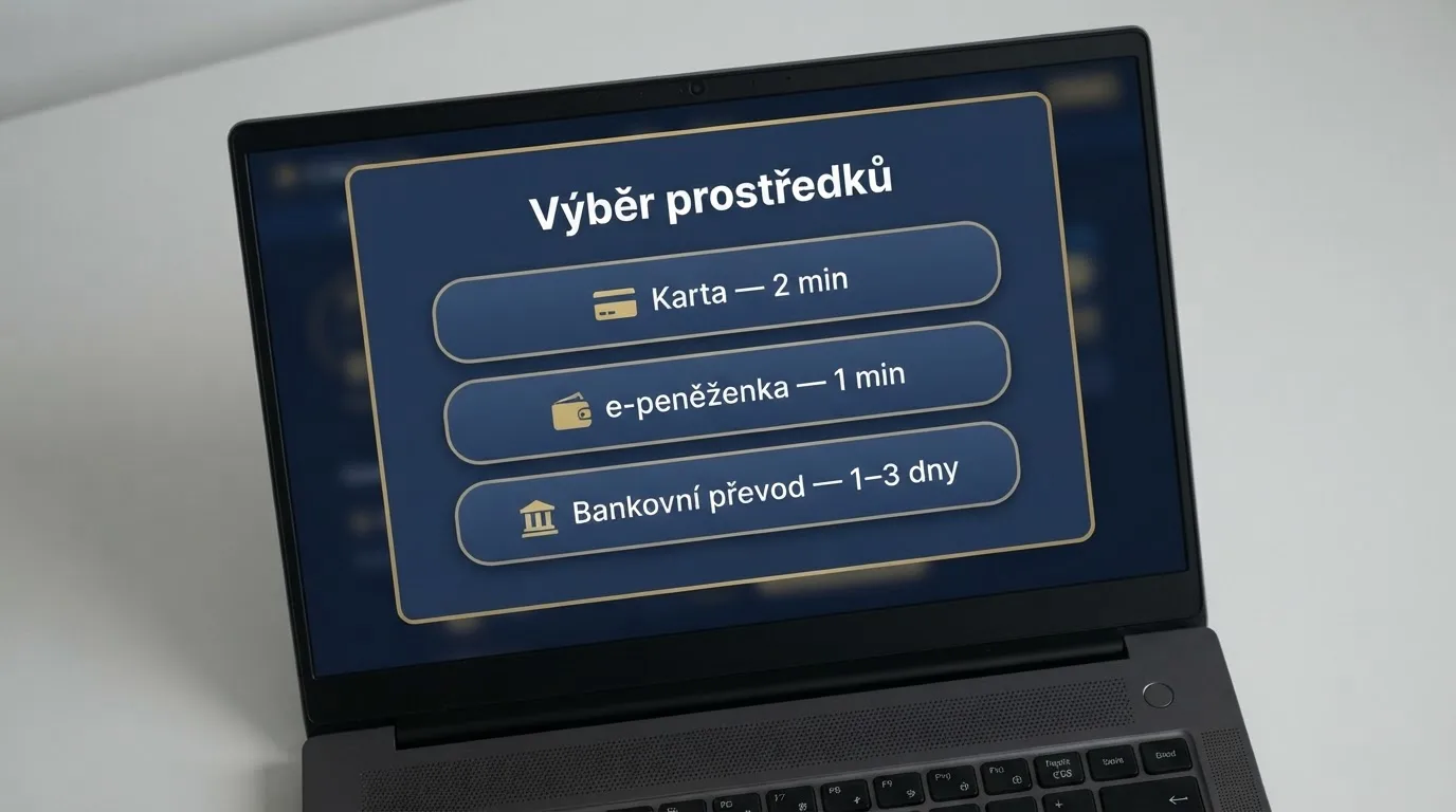 Logo nebo výřez rozhraní pokladny licencovaného českého kasina s výběrními metodami a časy — vizuální potvrzení, že časy v tabulce odpovídají realitě operatorských podmínek
