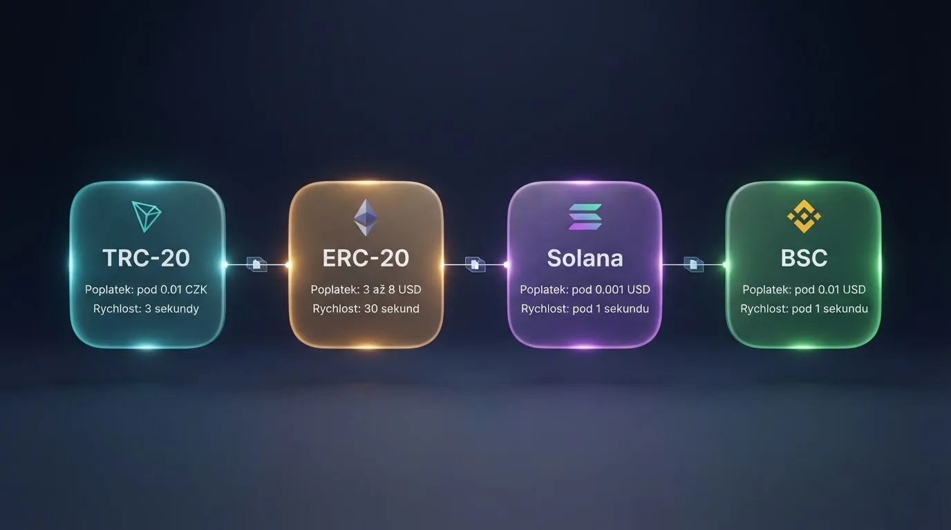 Schéma čtyř blockchainových sítí (TRC-20, ERC-20, Solana, BSC) s poplatky a rychlostí potvrzení transakce