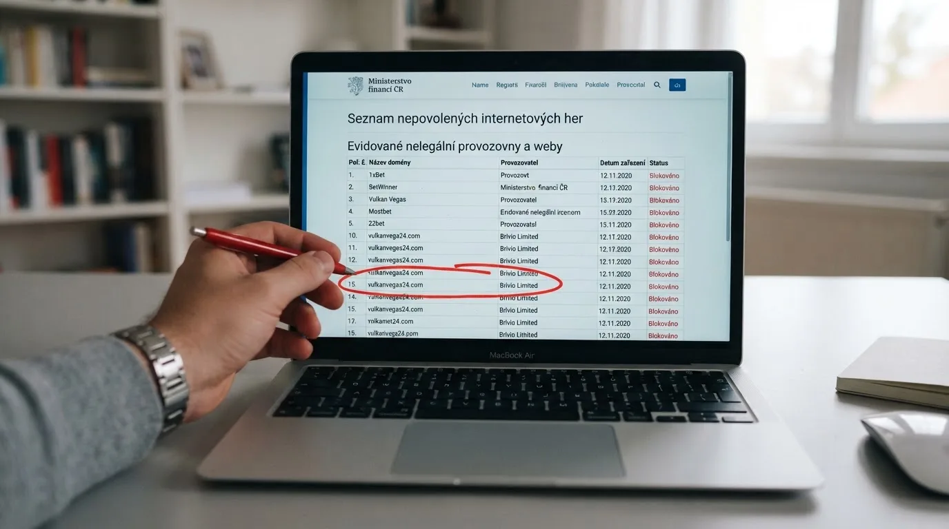 Výřez ze Seznamu nepovolených internetových her na webu Ministerstva financí ČR s vybranou položkou