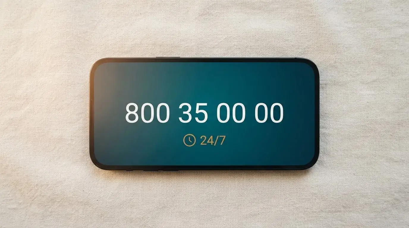 Telefon s číslem linky pomoci na displeji, vedle symbol nonstop provozu a logo Podané ruce